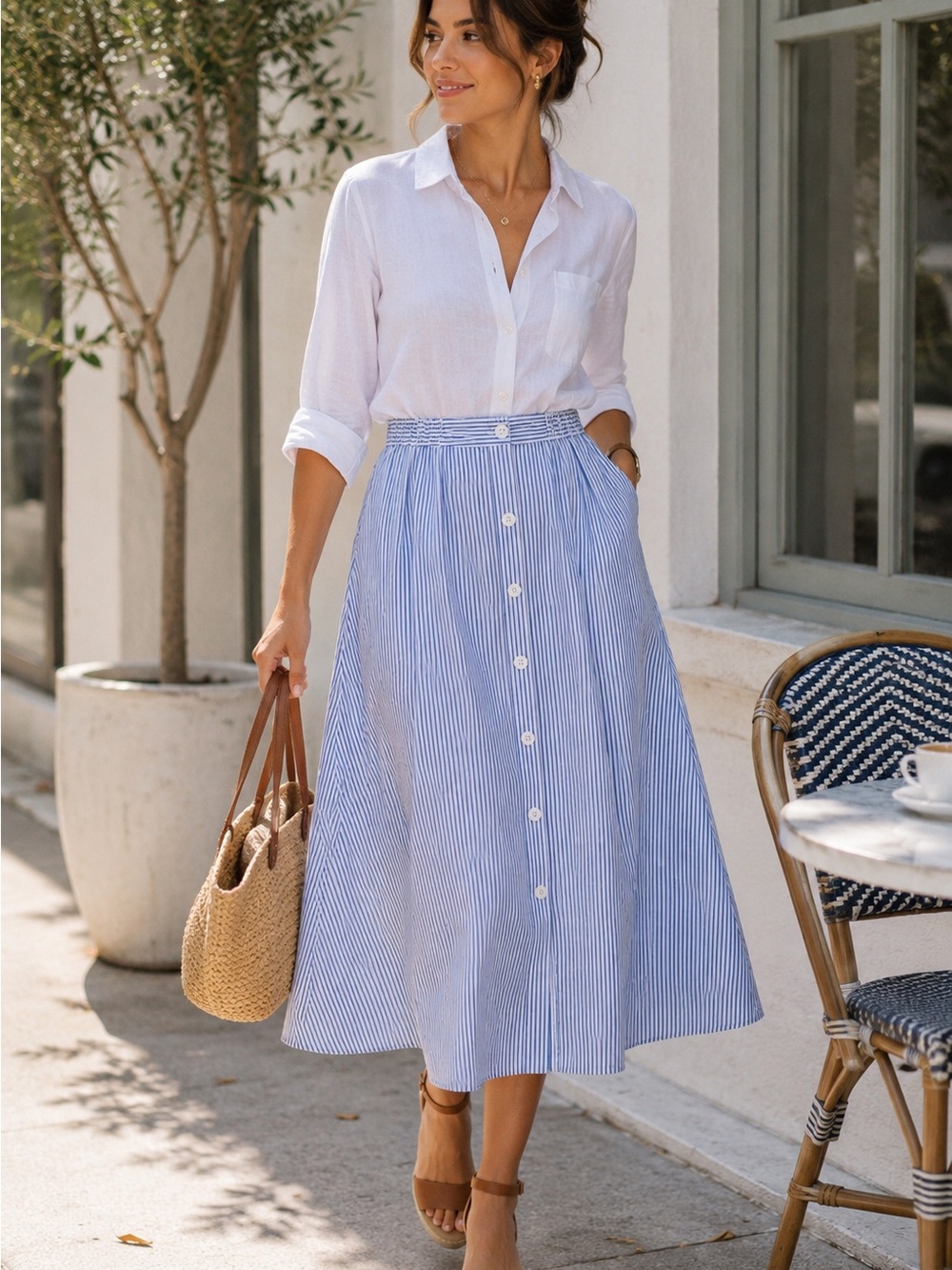 a new day Blue & White Striped Button-Front Midi Skirt